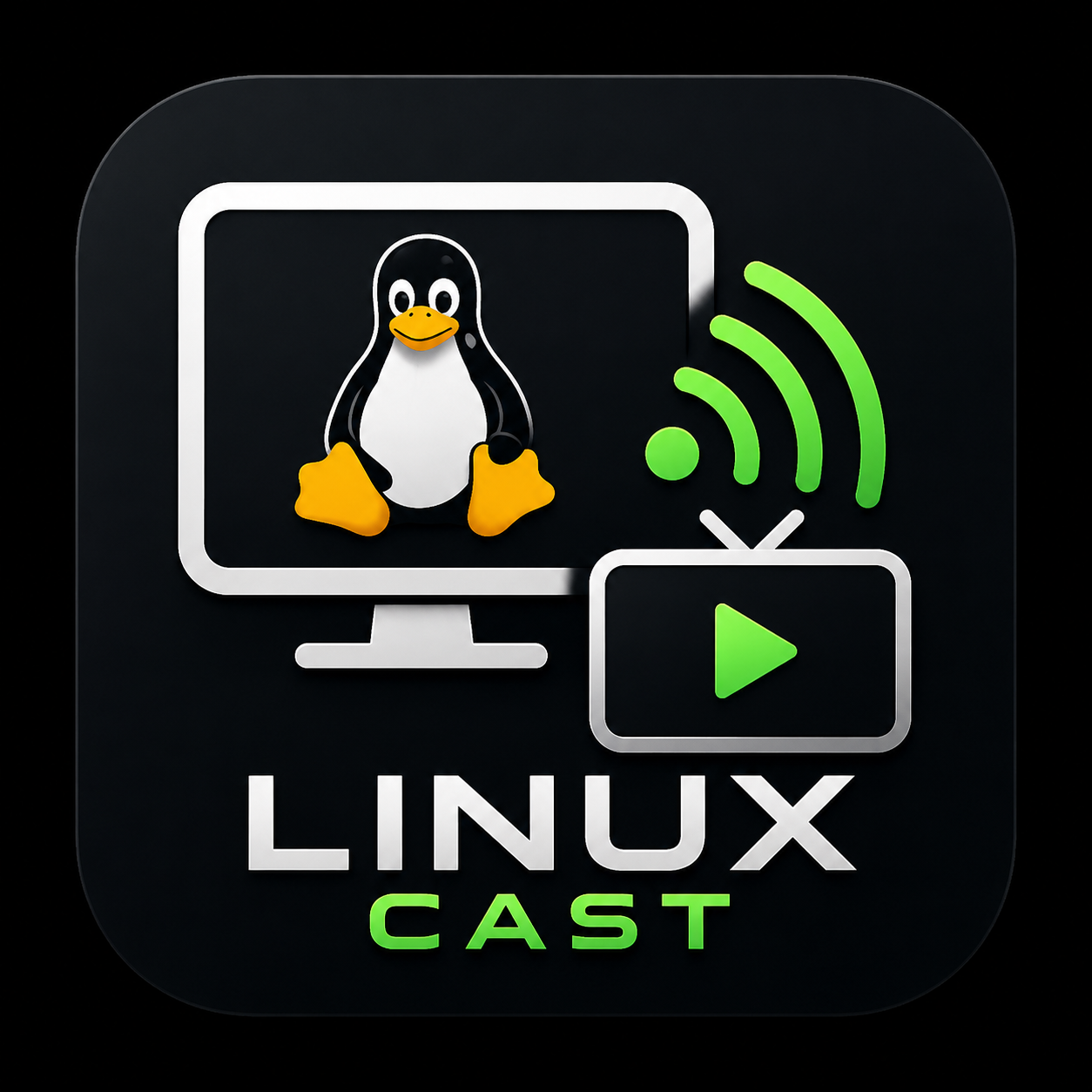 Linux Cast app artwork showing Linux streaming to a TV