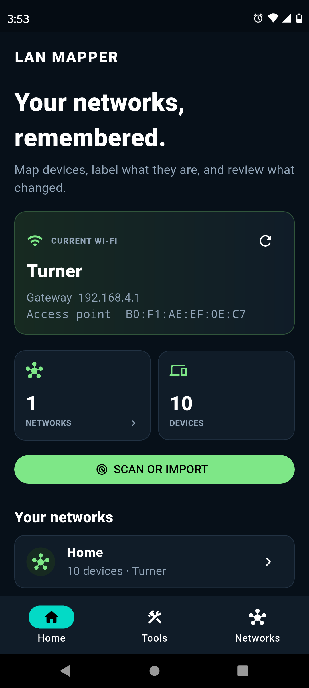 NetForge home screen showing a remembered network and connected devices